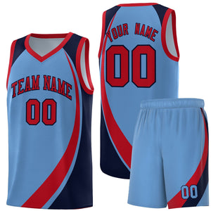 Custom Light Blue Red-Navy Color Block Sports Uniform Basketball Jersey