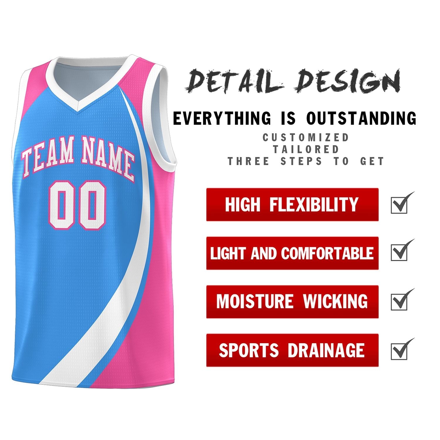 Custom Powder Blue White-Pink Color Block Sports Uniform Basketball Jersey