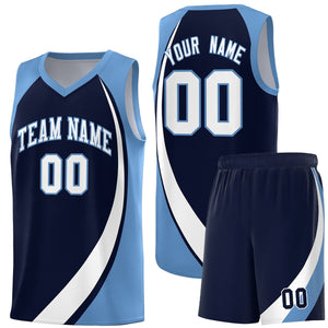 Custom Navy White-Light Blue Color Block Sports Uniform Basketball Jersey