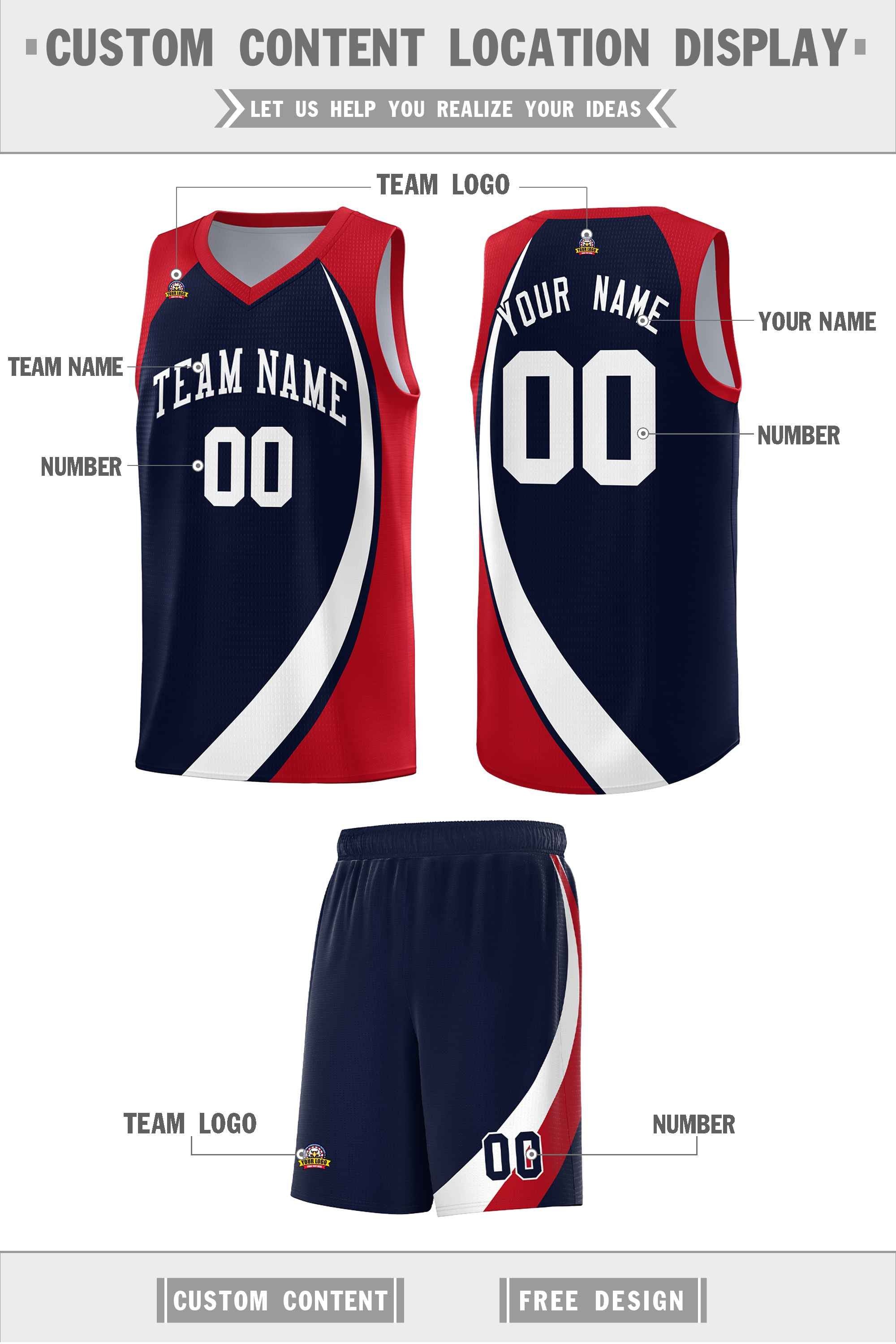 Custom Navy White-Red Color Block Sports Uniform Basketball Jersey