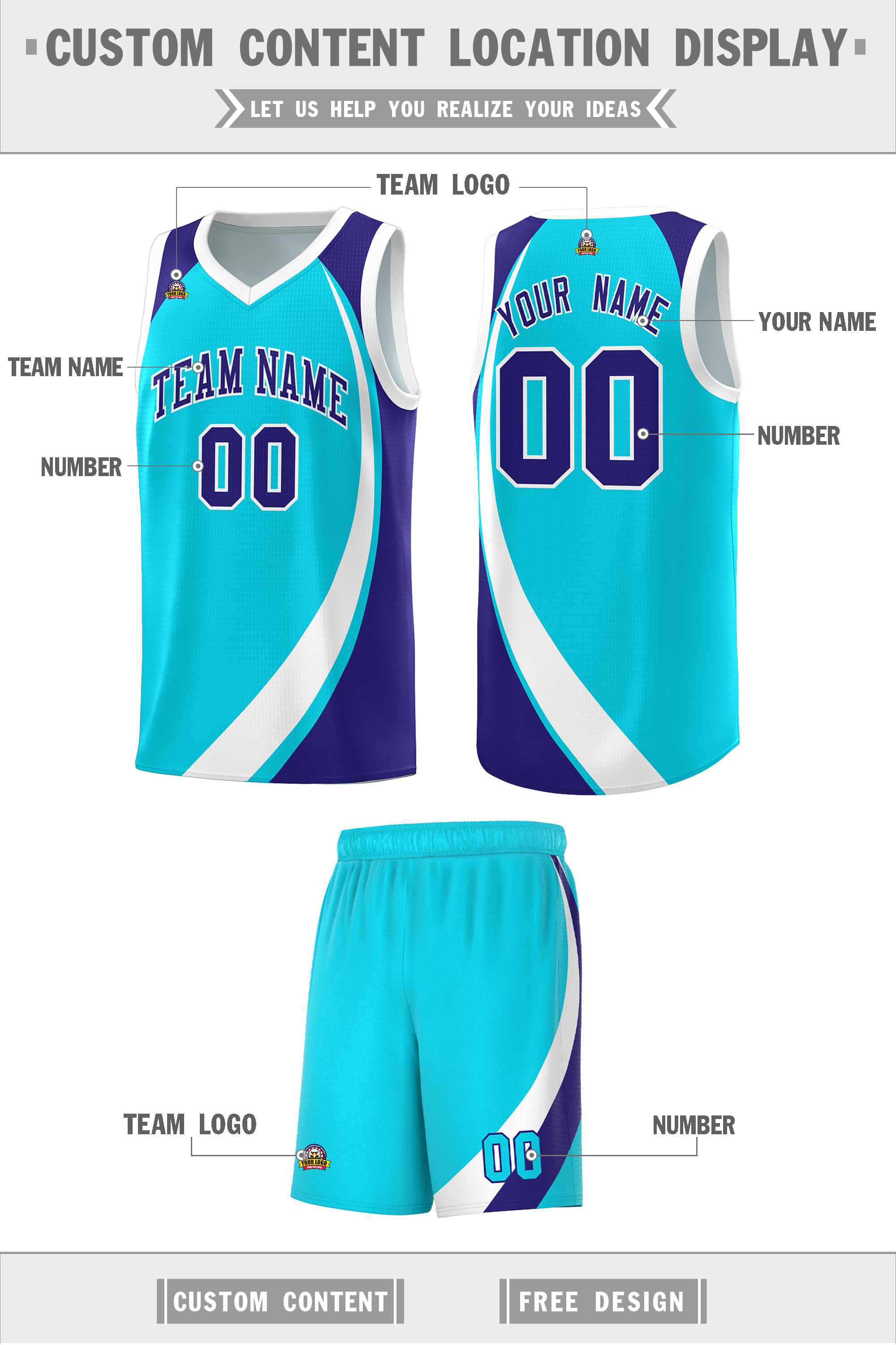 Custom Sky Blue White-Violet Color Block Sports Uniform Basketball Jersey