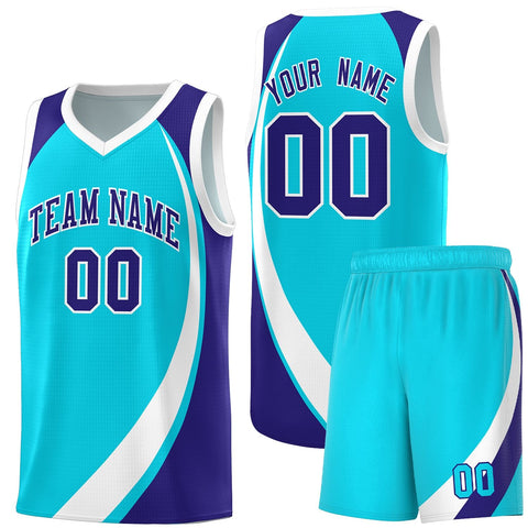 Custom Sky Blue White-Violet Color Block Sports Uniform Basketball Jersey