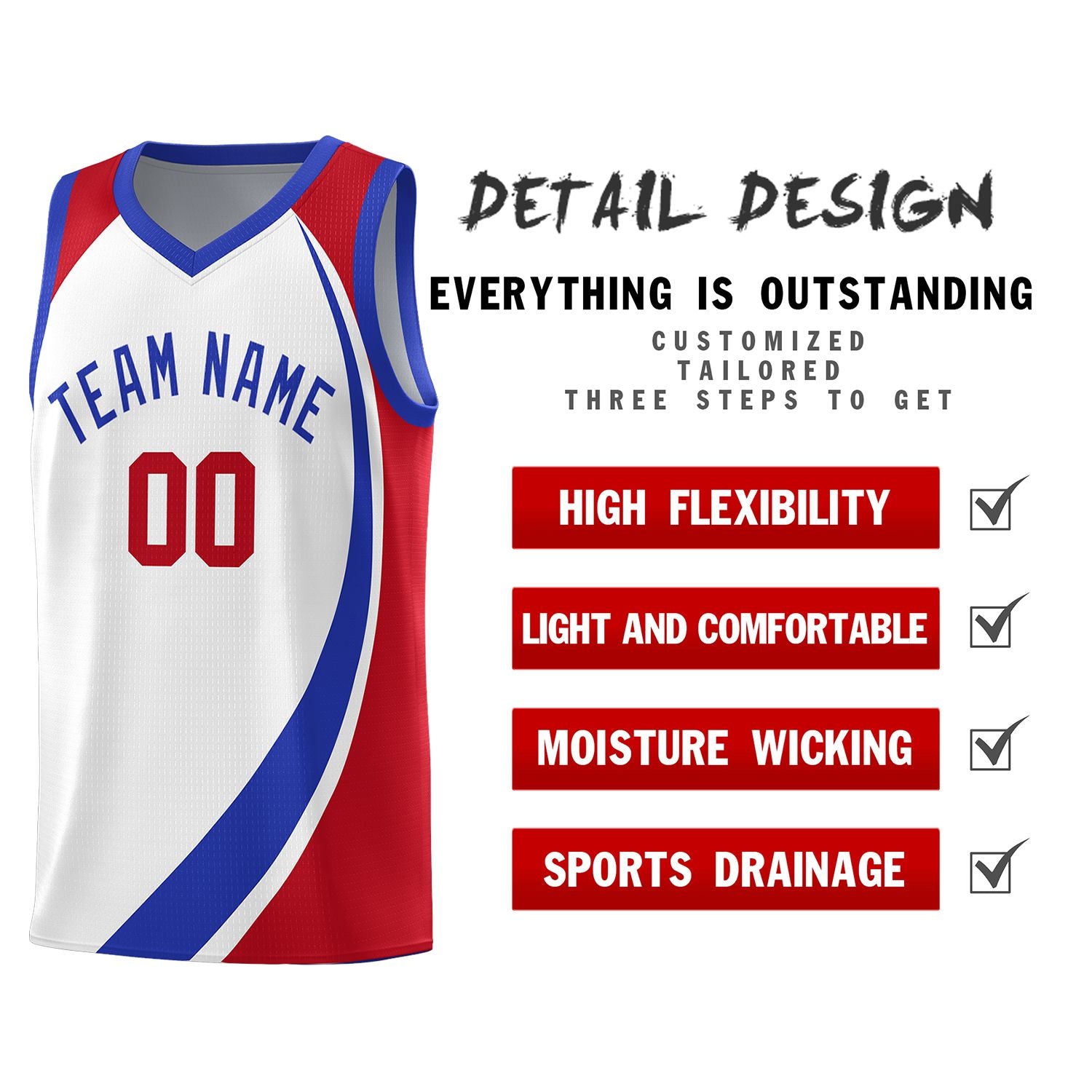 Custom White Royal-Red Color Block Sports Uniform Basketball Jersey