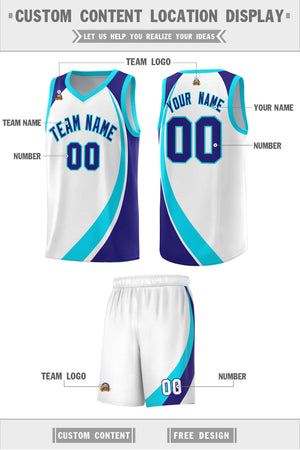 Custom White Sky Blue-Violet Color Block Sports Uniform Basketball Jersey