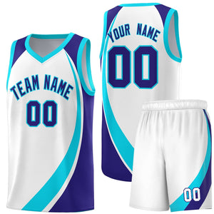 Custom White Sky Blue-Violet Color Block Sports Uniform Basketball Jersey