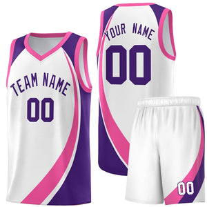 Custom White Pink-Purple Color Block Sports Uniform Basketball Jersey