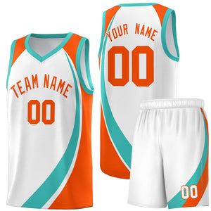 Custom White Aqua-Orange Color Block Sports Uniform Basketball Jersey