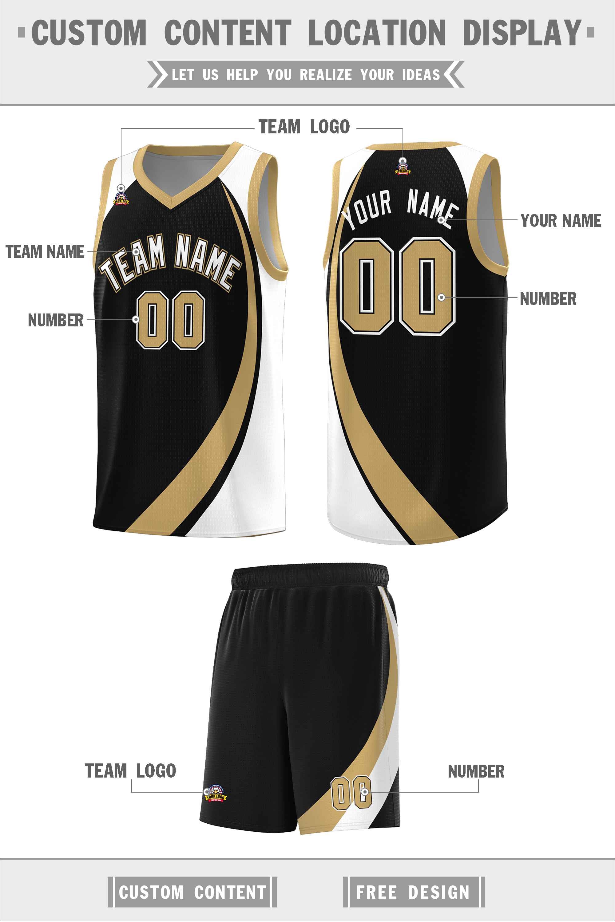 Custom Black Old Gold-White Color Block Sports Uniform Basketball Jersey