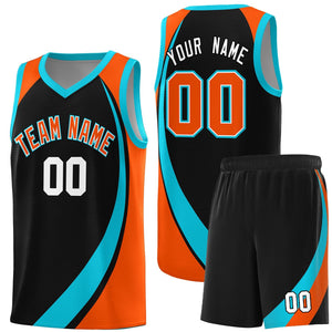 Custom Black Sky Blue-Orange Color Block Sports Uniform Basketball Jersey