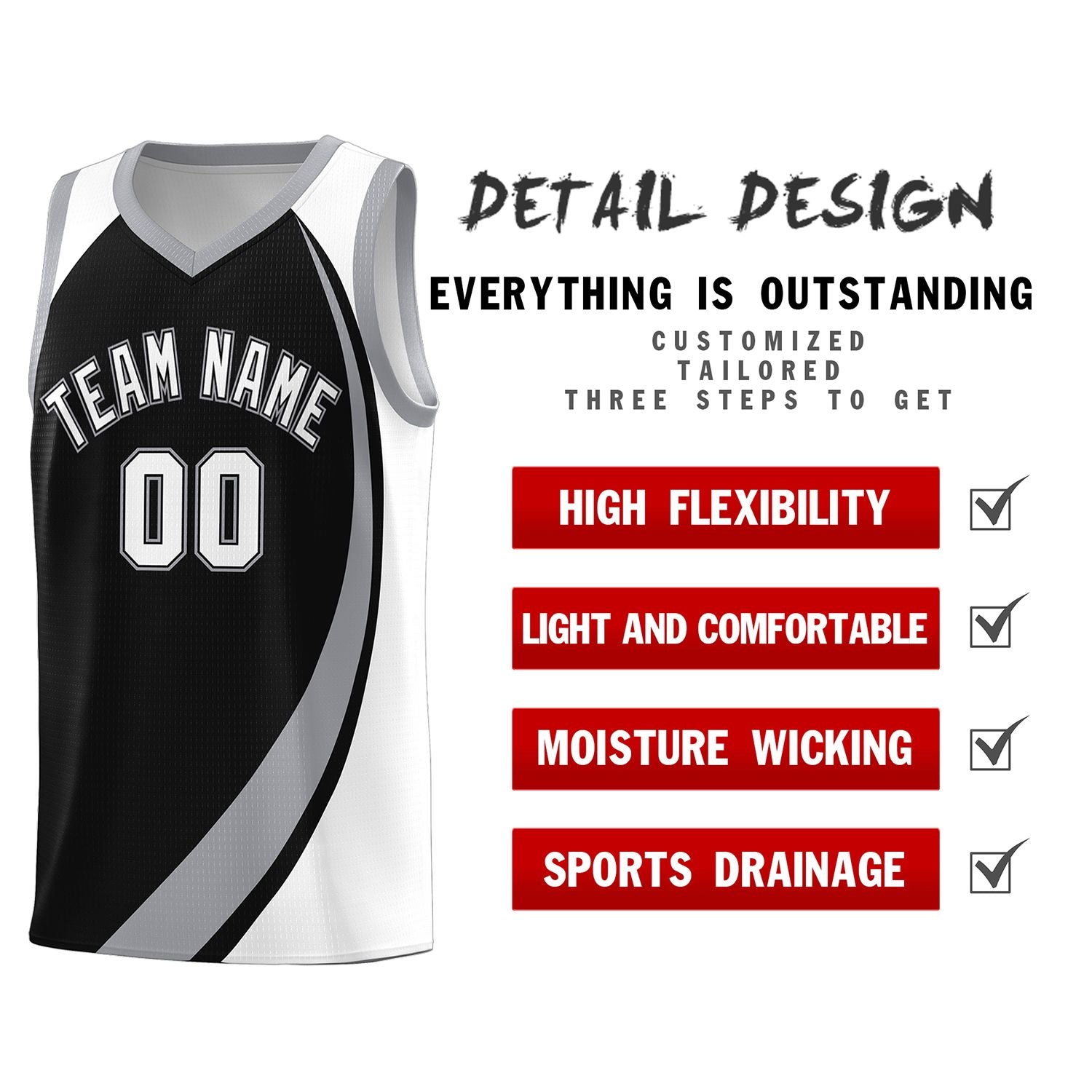 Custom Black Gray-White Color Block Sports Uniform Basketball Jersey