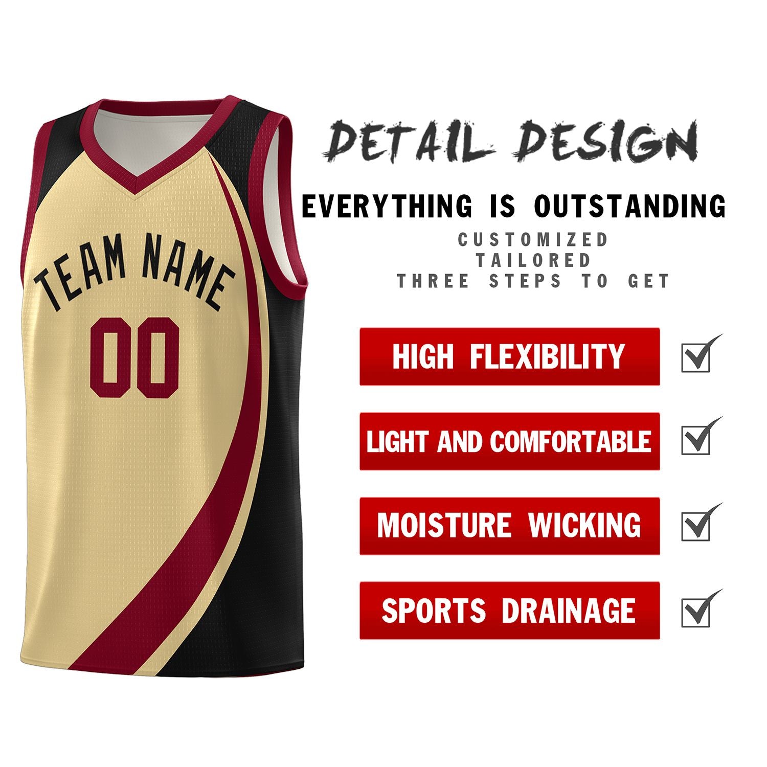 Custom Khaki Crimson-Black Color Block Sports Uniform Basketball Jersey