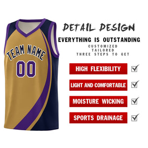 Custom Old Gold Purple-Navy Color Block Sports Uniform Basketball Jersey