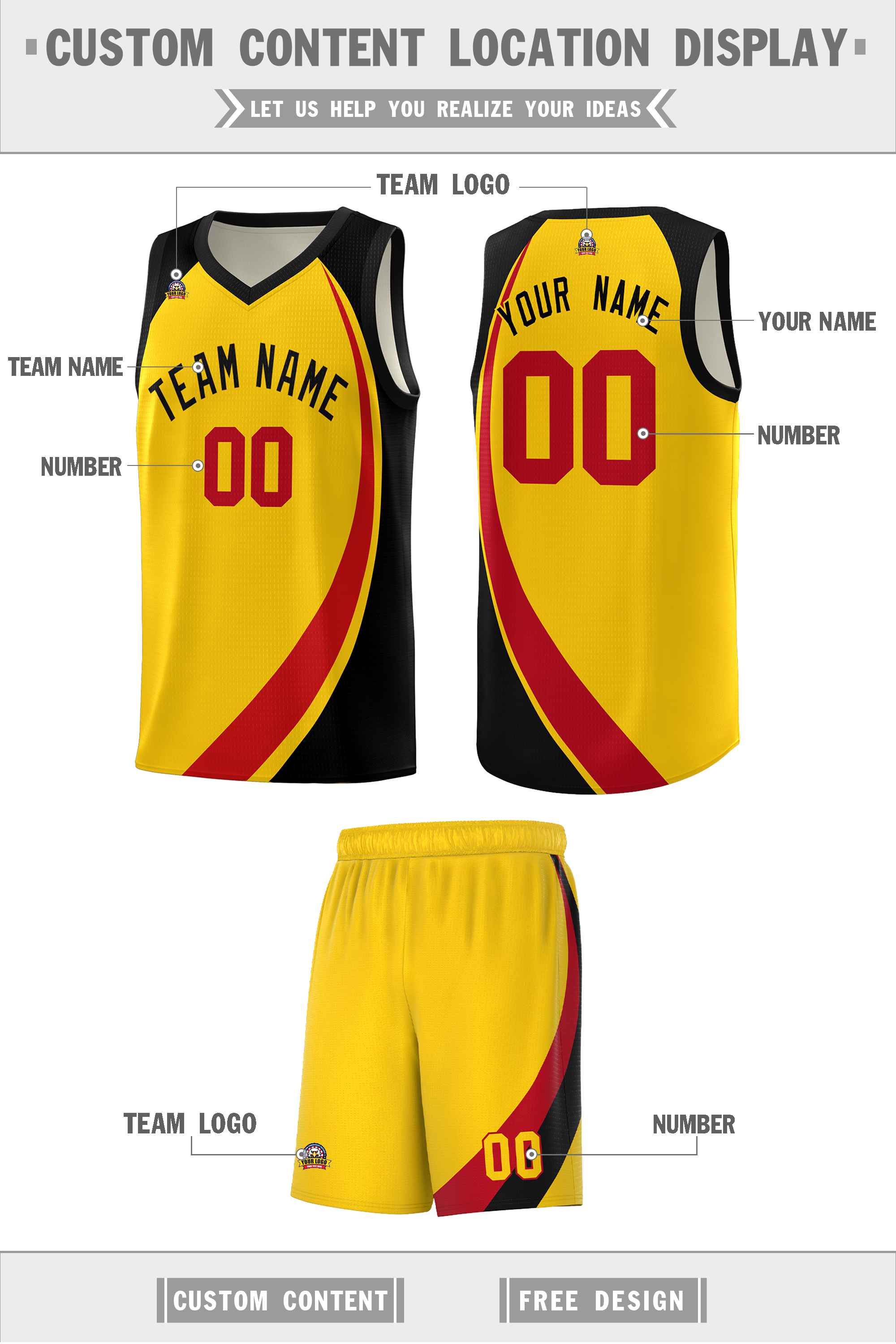 Custom Gold Red-Black Color Block Sports Uniform Basketball Jersey