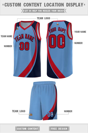 Custom Light Blue Red-Navy Color Block Sports Uniform Basketball Jersey