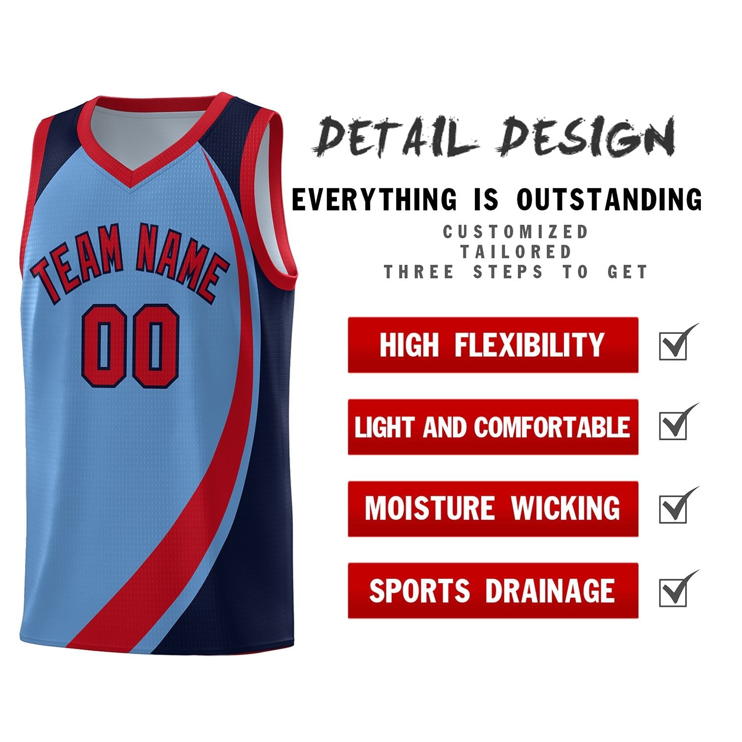 Custom Light Blue Red-Navy Color Block Sports Uniform Basketball Jersey