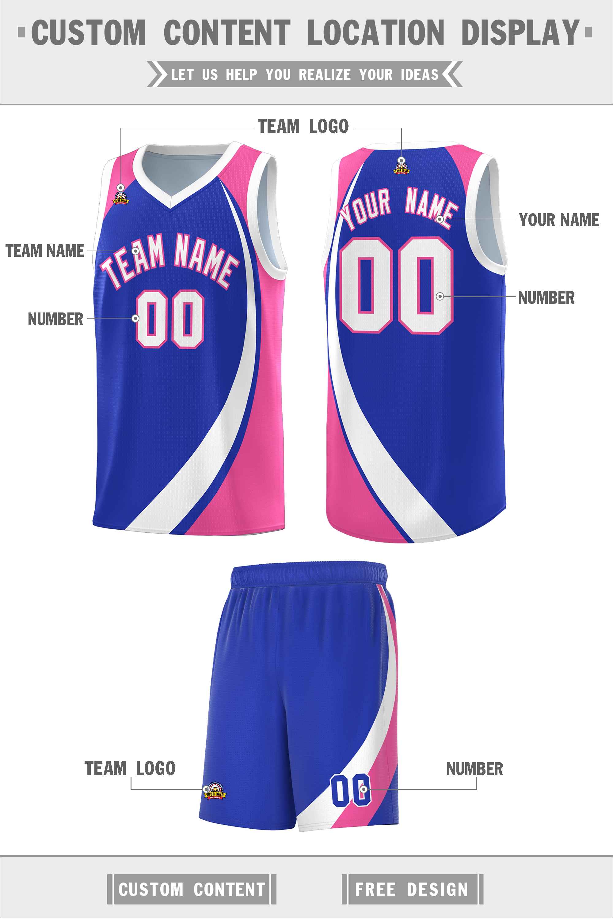 Custom Royal White-Pink Color Block Sports Uniform Basketball Jersey