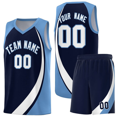 Custom Navy White-Light Blue Color Block Sports Uniform Basketball Jersey