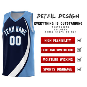 Custom Navy White-Light Blue Color Block Sports Uniform Basketball Jersey