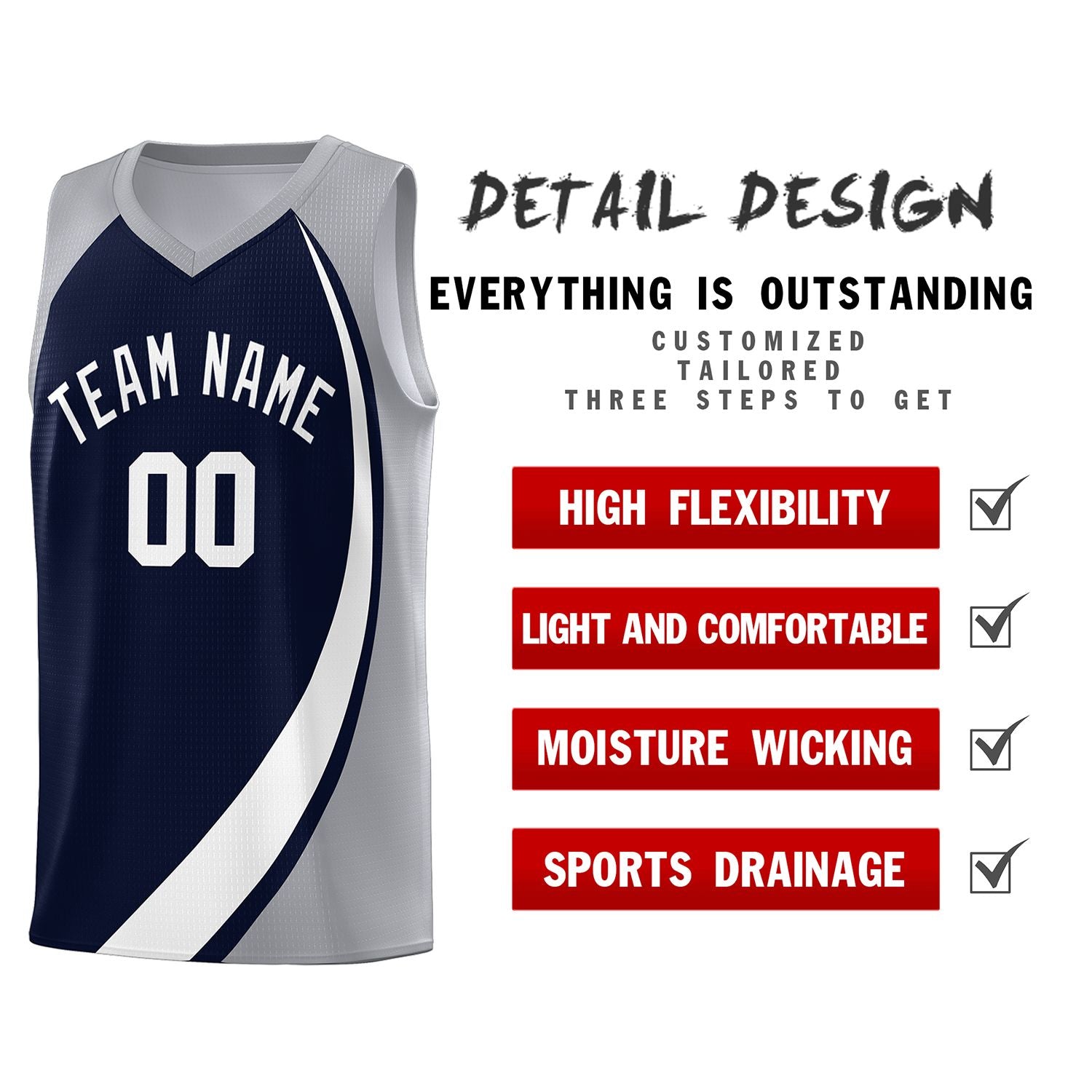 Custom Navy White-Gray Color Block Sports Uniform Basketball Jersey