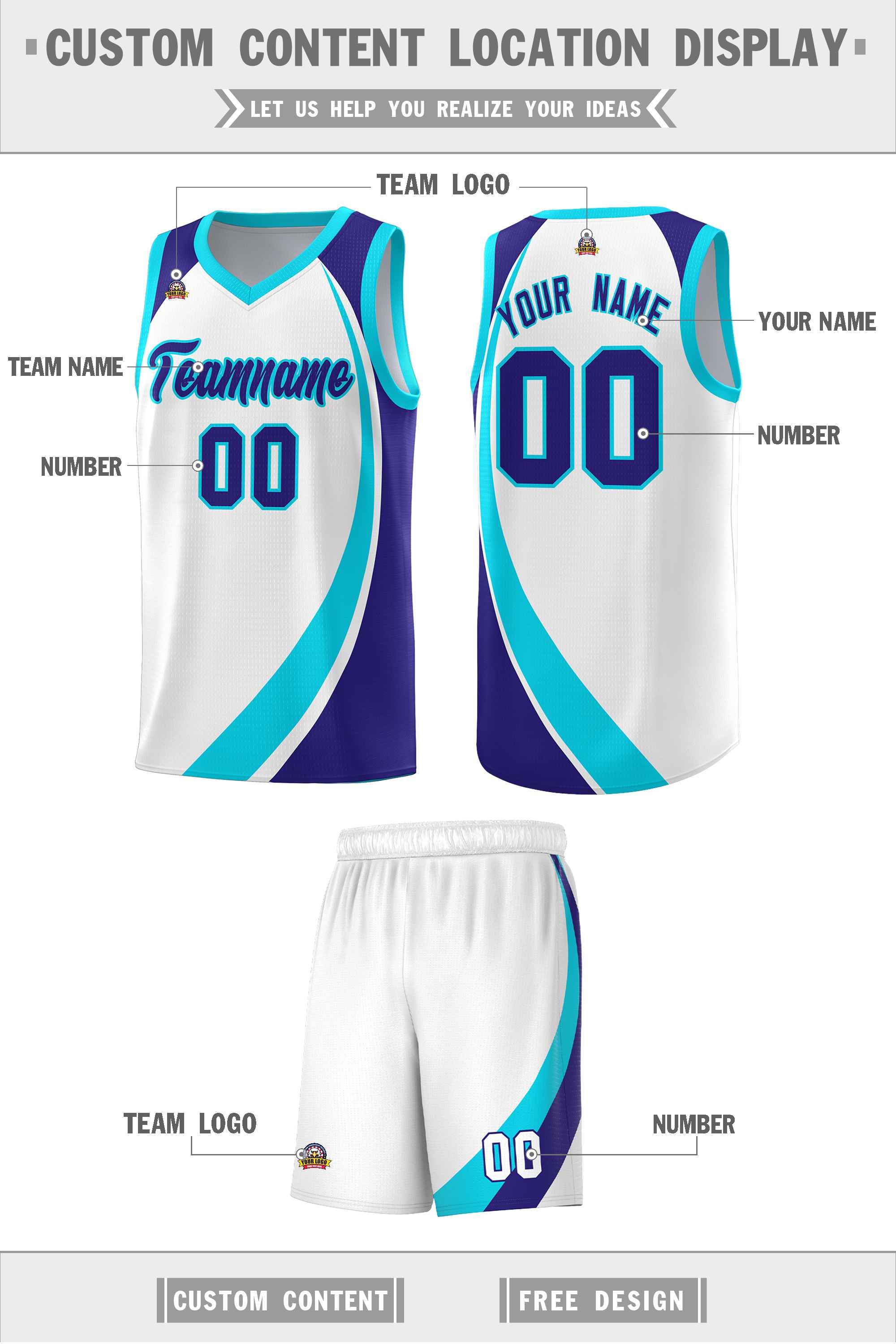 Custom White Sky Blue-Violet Color Block Sports Uniform Basketball Jersey