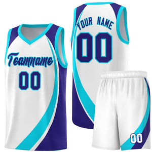 Custom White Sky Blue-Violet Color Block Sports Uniform Basketball Jersey