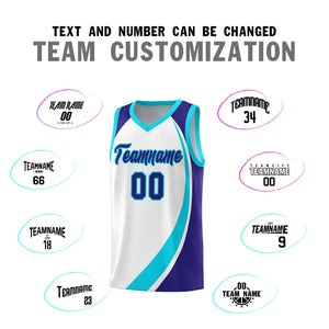 Custom White Sky Blue-Violet Color Block Sports Uniform Basketball Jersey