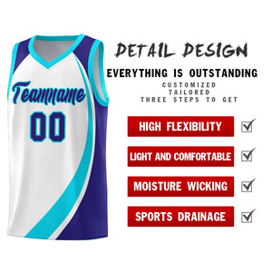 Custom White Sky Blue-Violet Color Block Sports Uniform Basketball Jersey