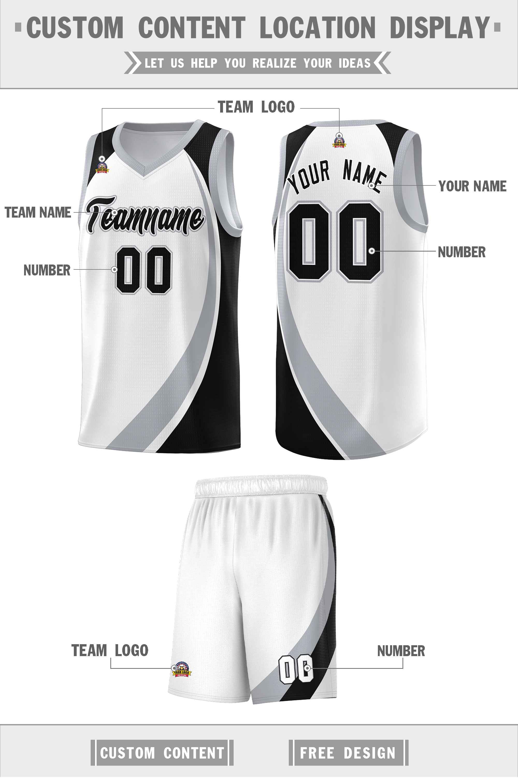 Custom White Gray-Black Color Block Sports Uniform Basketball Jersey