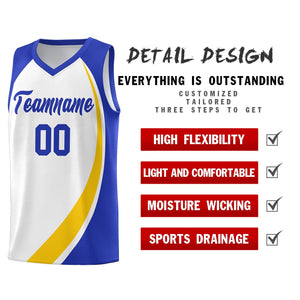 Custom White Gold-Royal Color Block Sports Uniform Basketball Jersey