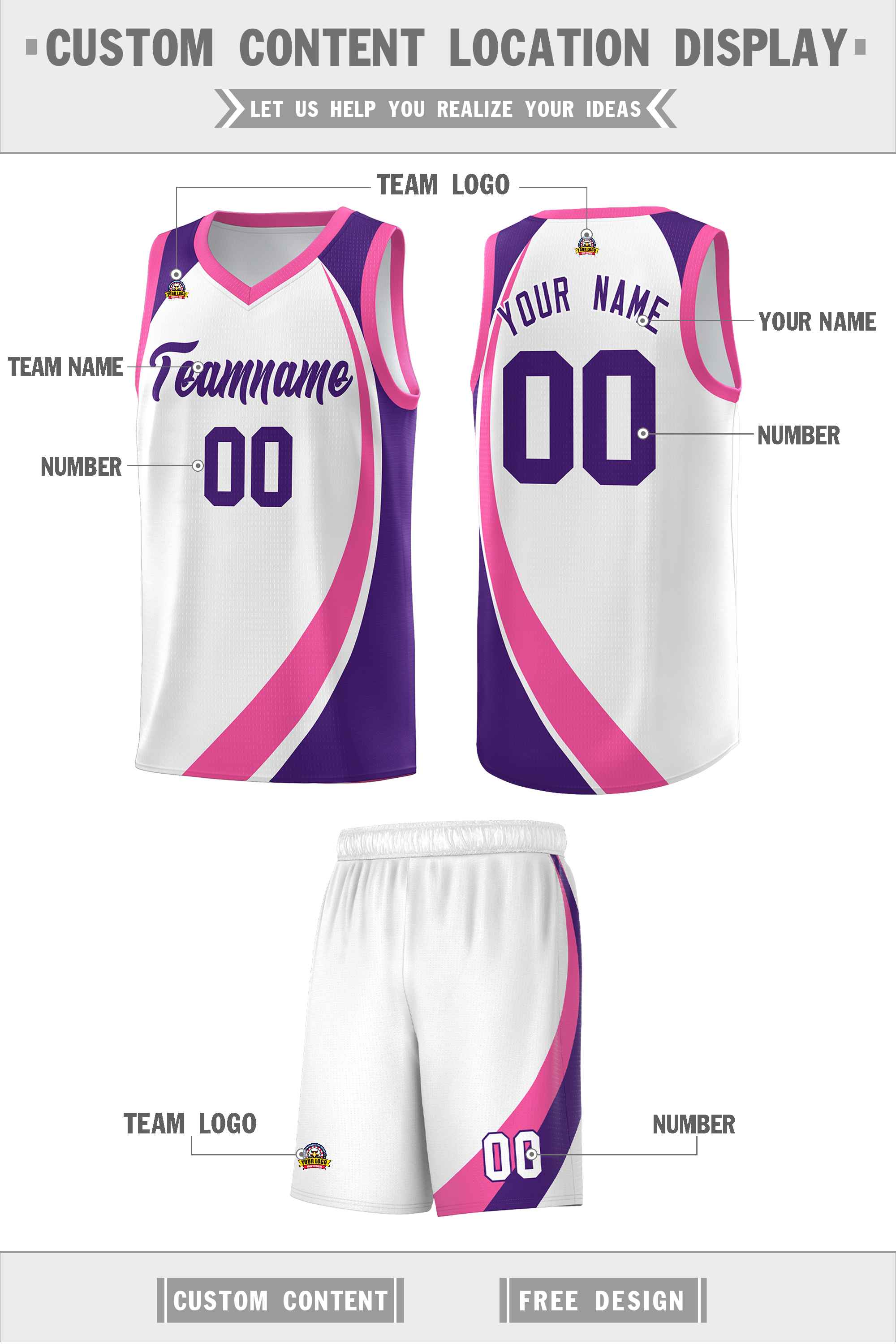 Custom White Pink-Purple Color Block Sports Uniform Basketball Jersey