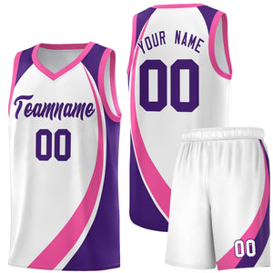 Custom White Pink-Purple Color Block Sports Uniform Basketball Jersey