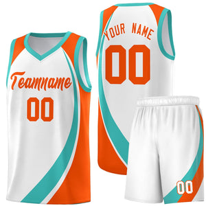 Custom White Aqua-Orange Color Block Sports Uniform Basketball Jersey