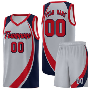 Custom Gray Red-Navy Color Block Sports Uniform Basketball Jersey