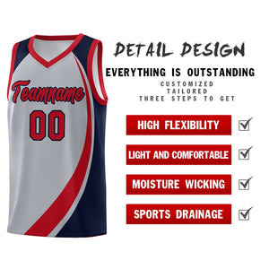 Custom Gray Red-Navy Color Block Sports Uniform Basketball Jersey