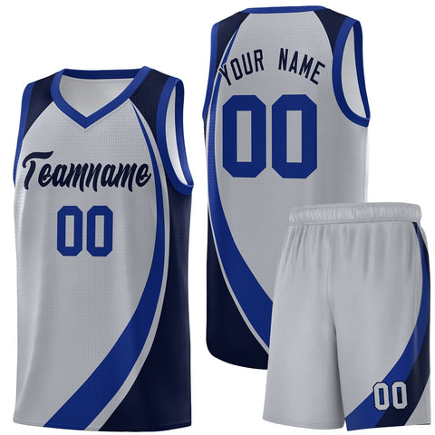 Custom Gray Royal-Navy Color Block Sports Uniform Basketball Jersey