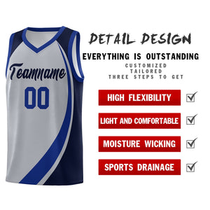 Custom Gray Royal-Navy Color Block Sports Uniform Basketball Jersey