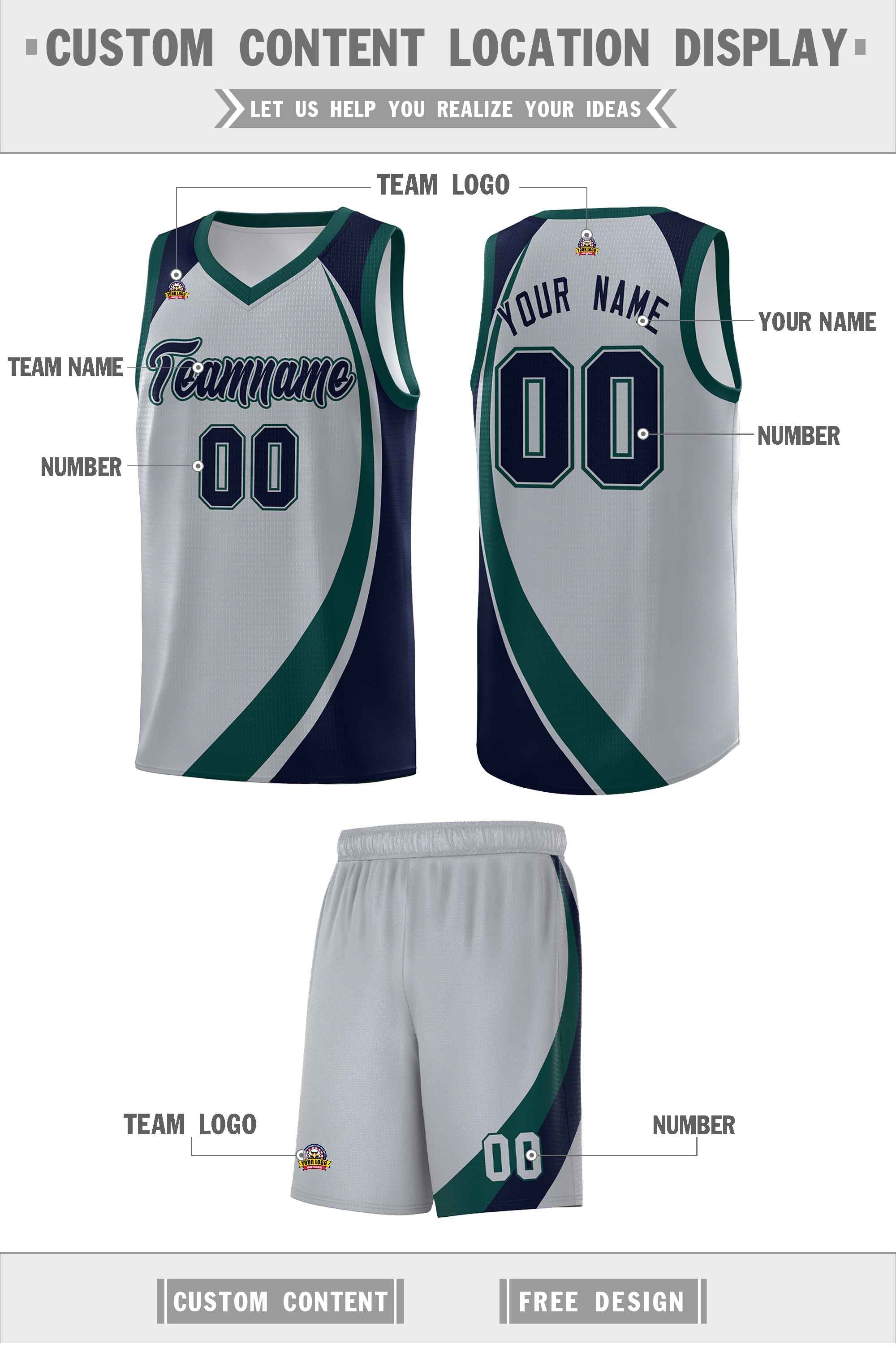 Custom Gray Midnight Green-Navy Color Block Sports Uniform Basketball Jersey