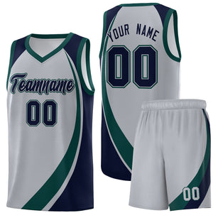 Custom Gray Midnight Green-Navy Color Block Sports Uniform Basketball Jersey