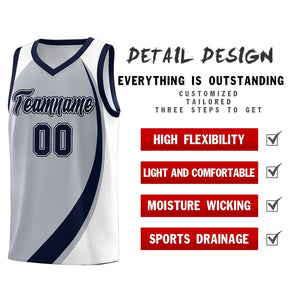 Custom Gray Navy-White Color Block Sports Uniform Basketball Jersey