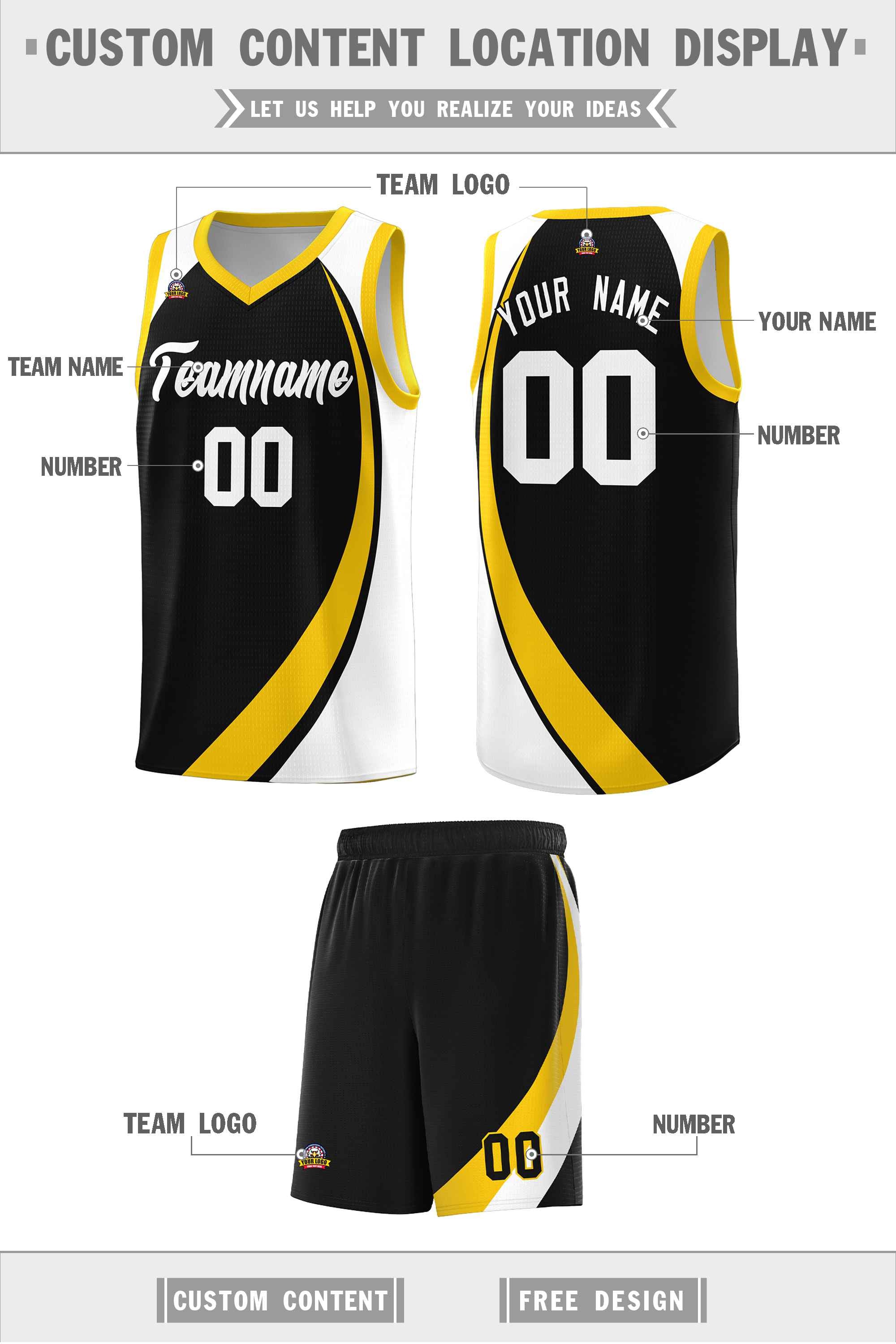 Custom Black Gold-White Color Block Sports Uniform Basketball Jersey