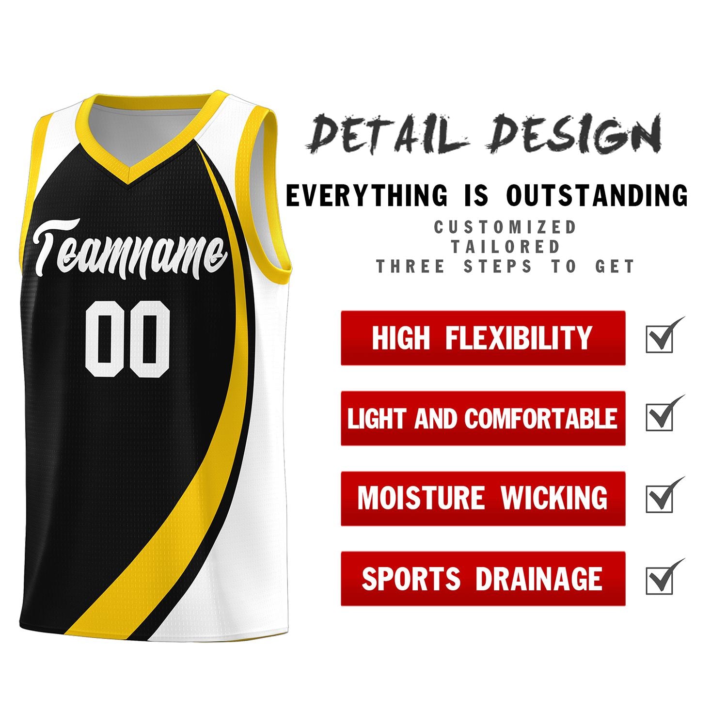 Custom Black Gold-White Color Block Sports Uniform Basketball Jersey