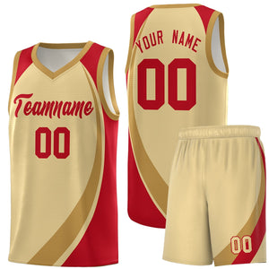 Custom Khaki Old Gold-Red Color Block Sports Uniform Basketball Jersey