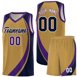 Custom Old Gold Purple-Navy Color Block Sports Uniform Basketball Jersey