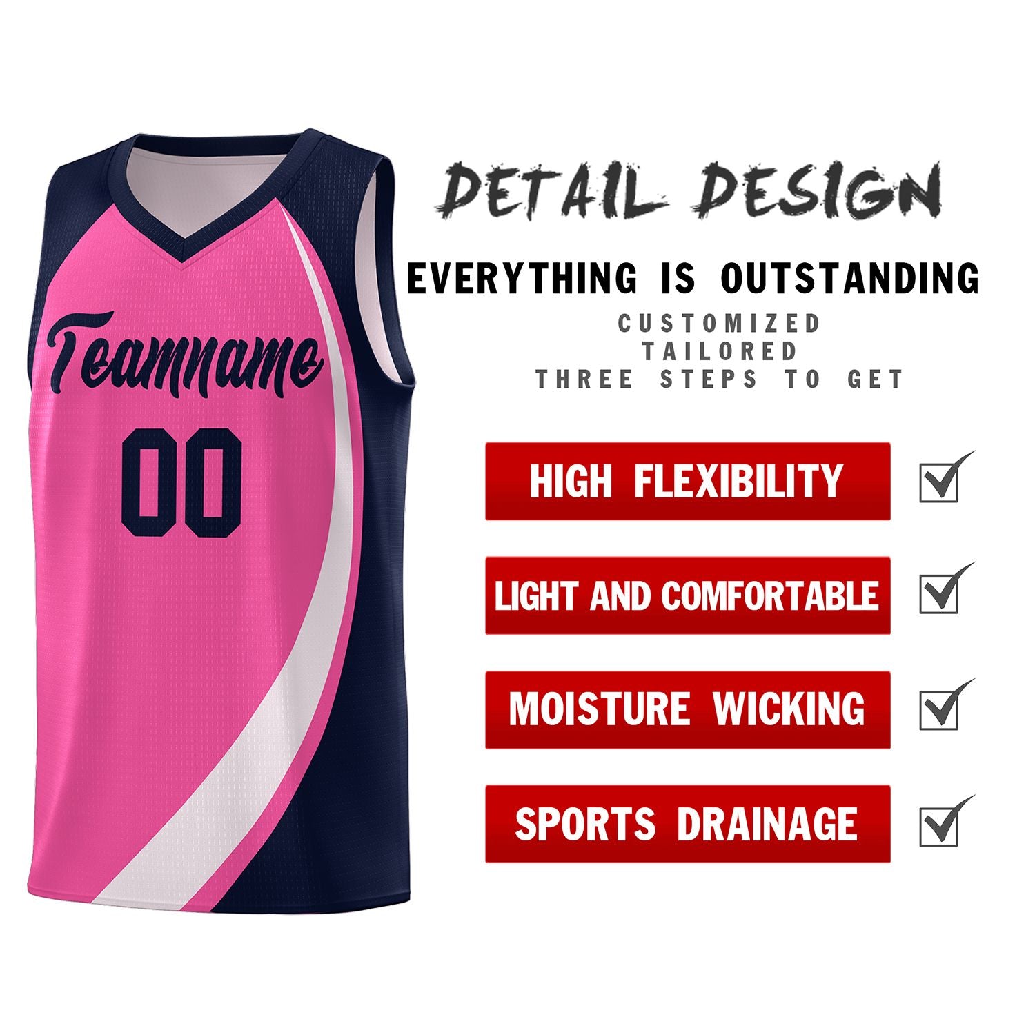 Custom Pink White-Navy Color Block Sports Uniform Basketball Jersey