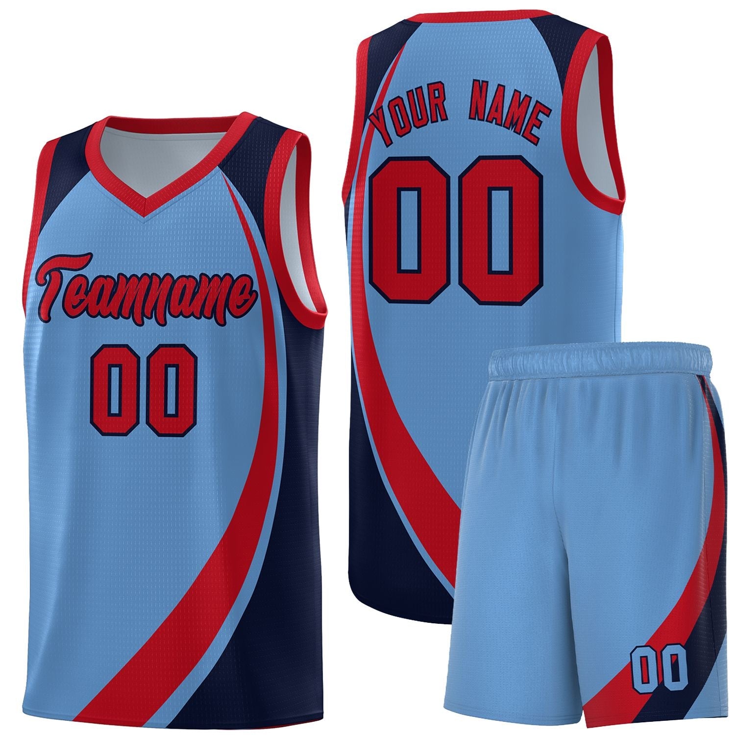 Custom Light Blue Red-Navy Color Block Sports Uniform Basketball Jersey