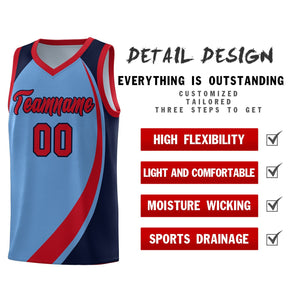 Custom Light Blue Red-Navy Color Block Sports Uniform Basketball Jersey