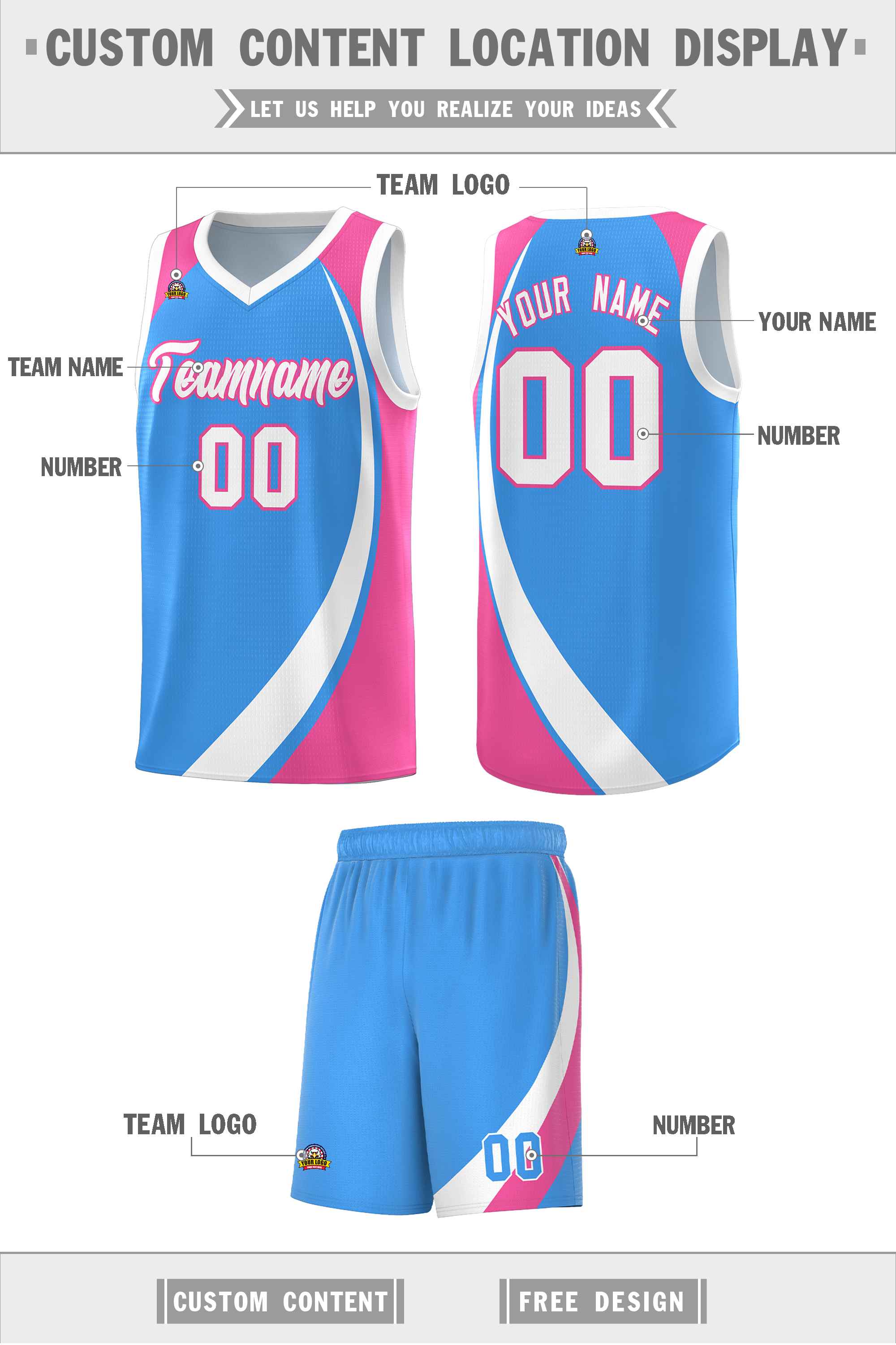 Custom Powder Blue White-Pink Color Block Sports Uniform Basketball Jersey