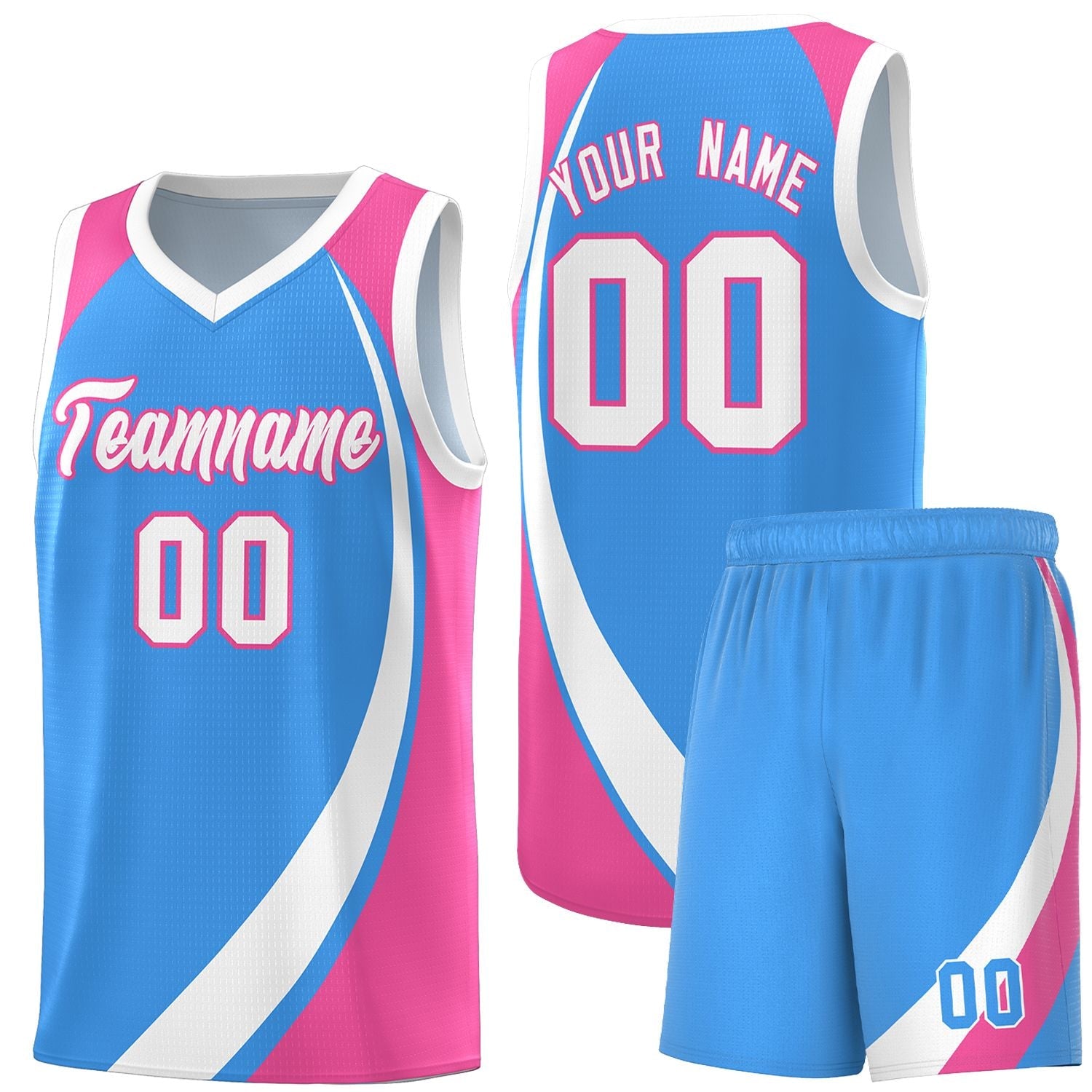 Custom Powder Blue White-Pink Color Block Sports Uniform Basketball Jersey