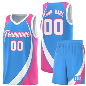 Custom Powder Blue White-Pink Color Block Sports Uniform Basketball Jersey