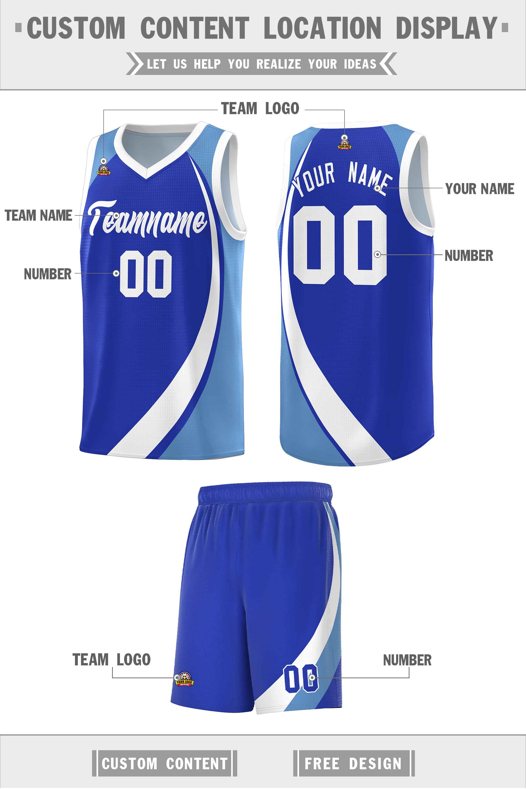 Custom Royal White-Light Blue Color Block Sports Uniform Basketball Jersey